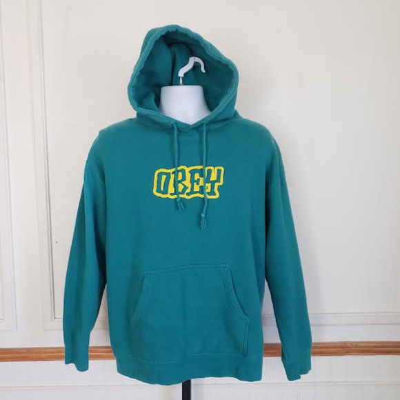 SOLD Obey Mens Sweatshirt Large Hoodie Grn Yellow Pullover Pocket Graphic Print - Picture 10 of 10